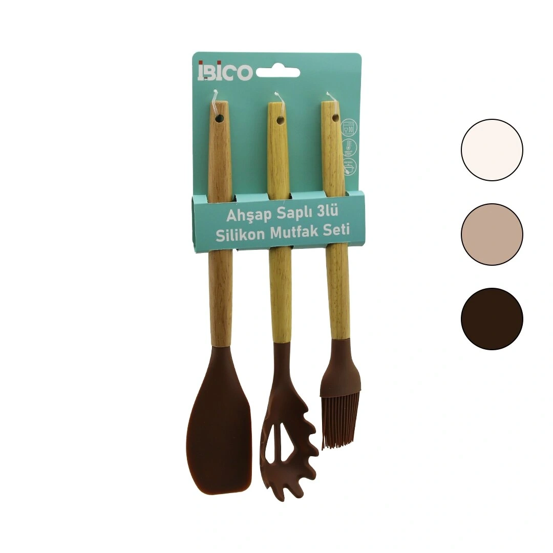 YENİİİ İBİCO İ22-007 AHŞAP SAPLI ( 3 LÜ ) SİLİKON MUTFAK SET*72