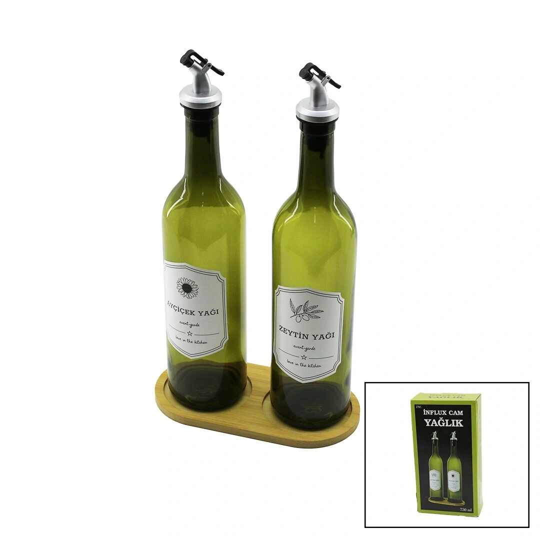 ZNC İNFLUX ( 2 PCS ) ( YEŞİL CAM ) YAĞDANLIK ŞİŞE ( 750ML ) ( AHŞAP BAMBU ALTLIK ) ( PLASTİK KİLİTLİ KAPAK )*18=K