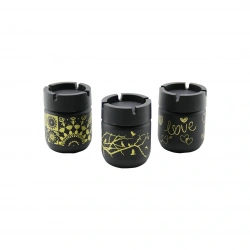 GLASS ASH BOX ORG-330 (SİYAH CAM & GOLD DESENLİ) (CAM HAZNELİ) (SİYAH PLASTİK KAPAKLI) KÜLLÜK*24=K