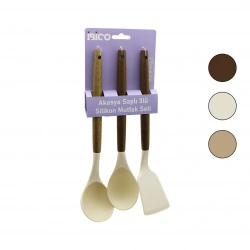 İBİCO İ22-013 ( 3PCS ) RENKLİ SİLİKON MUTFAK SETİ ( AHŞAP & AKASYA SAPLI ) ( KEPÇE-KAŞIK-SPATULA)*12X6