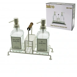 İBİCO İ22-144 ( 3PCS ) METAL STANDLI & CAM SIVI SABUNLUK SETİ ( AHŞAP TUTMALI & SÜNGERLİK)*24