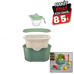 MOİ PLASTİK MNT-1005 (YEŞİL) (5PCS) MUTFAK SETİ PLS.(KARIŞTIRMA KAP=4LT & SÜZGEÇ=3.5LT & KESİM PANO & SIKACAK=0.25LT)*16