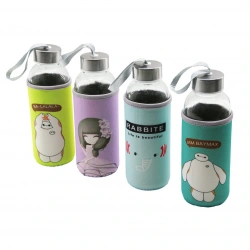 PABLITO HOME PBT-080 ( CAM ŞİŞE ) MATARA SULUK ( RESİMLİ BEZ KILIFLI & TAŞIMA İPLİ ) ( 420ML ) ( KROM KAPLAMA PLS.KAPAK)*80