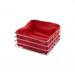 SAYE-4060 ( KARE ) ( GÜMÜŞ KROM METAL ) ( KIRMIZI BEZLİ ) EKMEK SEPETİ ( 20X21CM & DERİNLİK: 10.5CM)*12