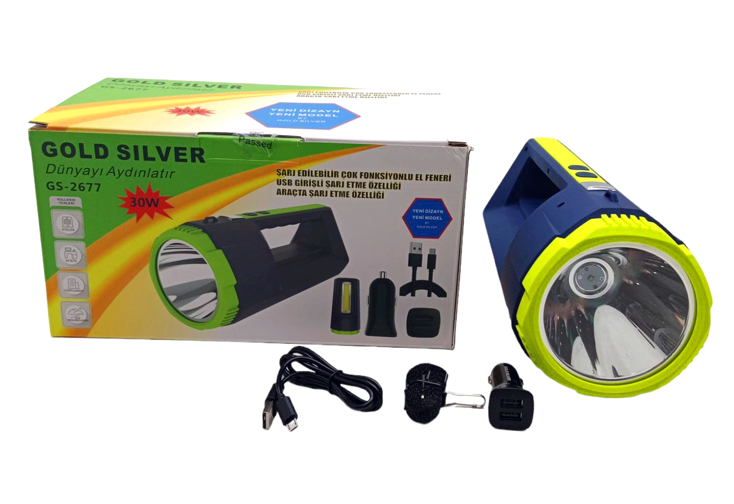 GOLD SILVER GS-2677  2İN1 ( 30W & 10W COB LED ) USB & OTO ŞARJLI EL FENERİ PROJEKTÖR*16          Q9