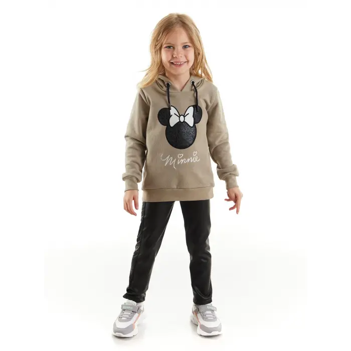 Çocuk Kapüşonlu Sweatshirt ve Deri Tayt 2li Takım Bej