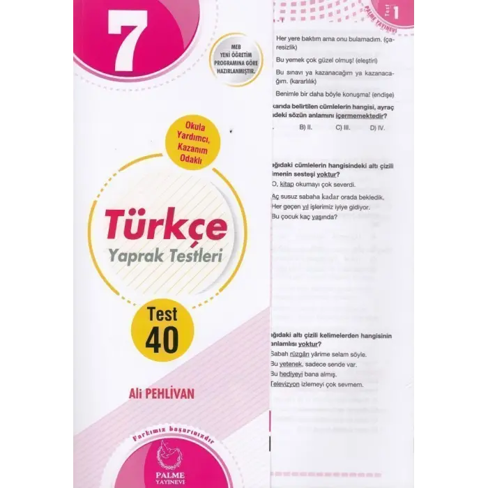 Palme Yayınları 7. Sınıf Türkçe 40 Yaprak Test