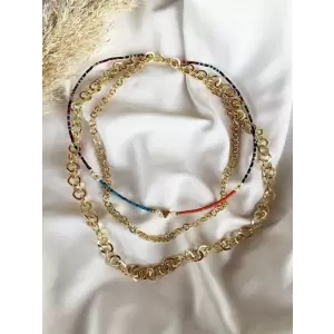 Altin Renk Boncuk Detayli Çoklu Zincir Kolye