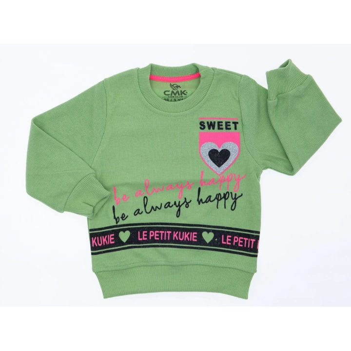 CocuklaAnne Simli ve Yazılı Kız Çocuk Sweatshirt Yeşil