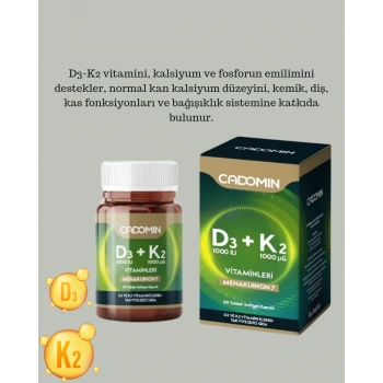 CADOMIN D3 + K2 Vitaminleri – 1000 IU D3 & 1000 µg K2 (Menakinon-7)