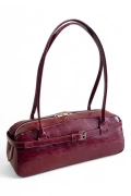 Womens Bordeaux Baguette Model Buckled Glossy Leather Bag - Glanz Charm