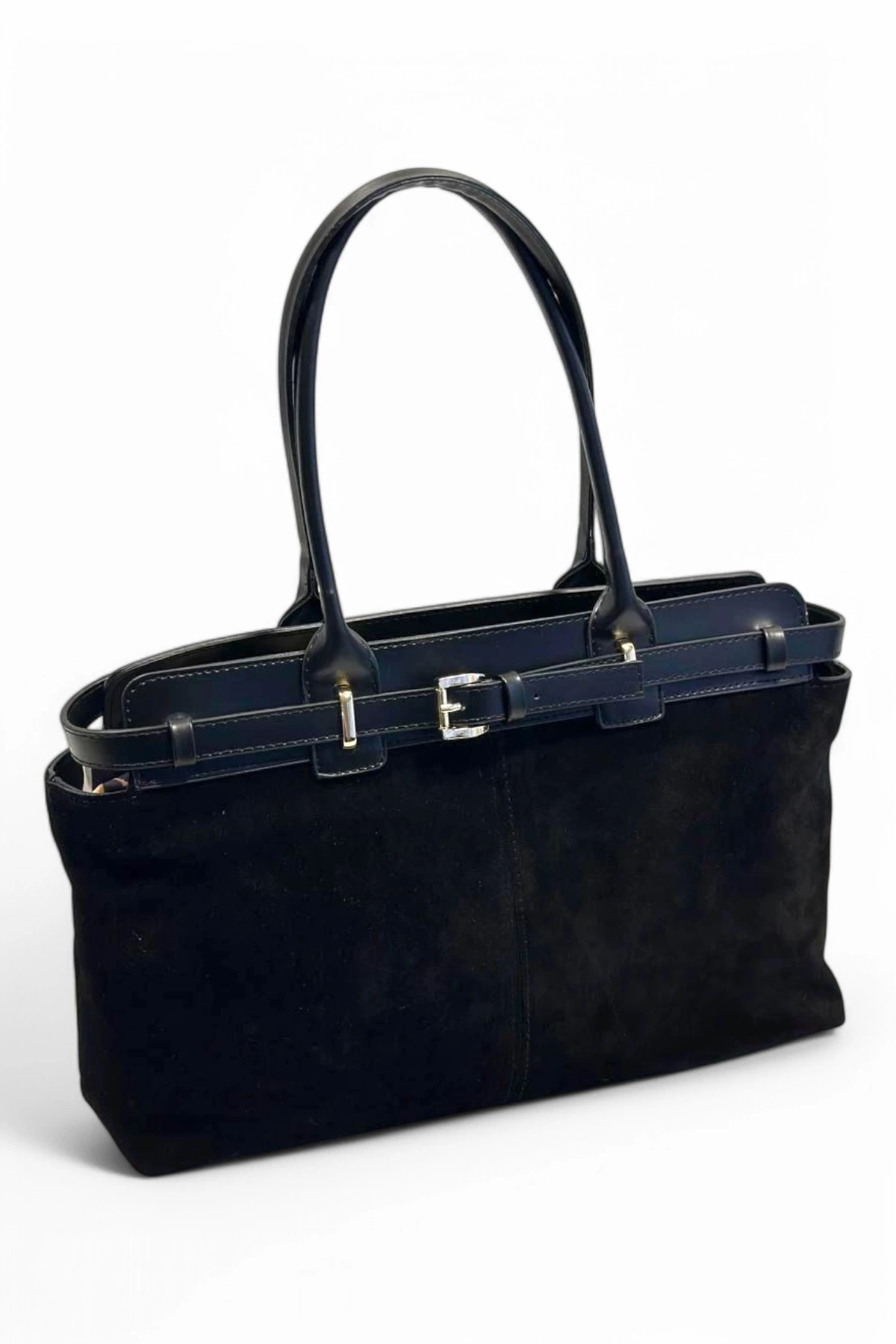 Genuine Suede Leather Womens Bag Navy Blue with Belt Accessory - Midnight Elegance