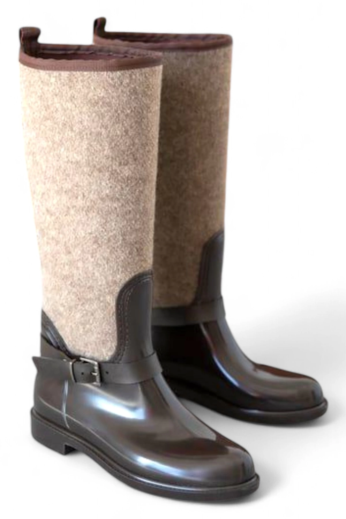 Brown Womens Rain Boots with Warm Felt Touch and Belt Detail - Rustic Rain