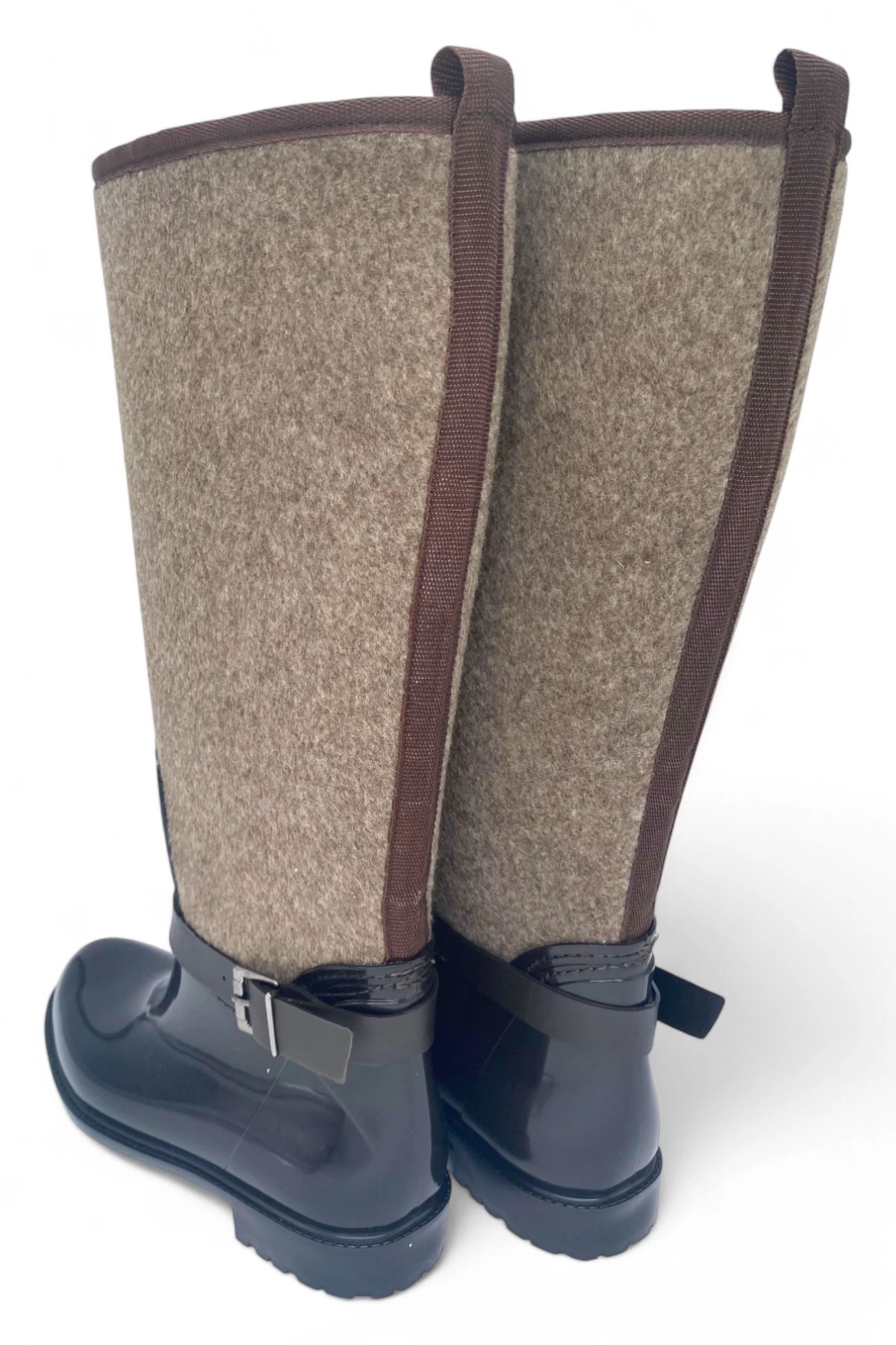 Brown Womens Rain Boots with Warm Felt Touch and Belt Detail - Rustic Rain