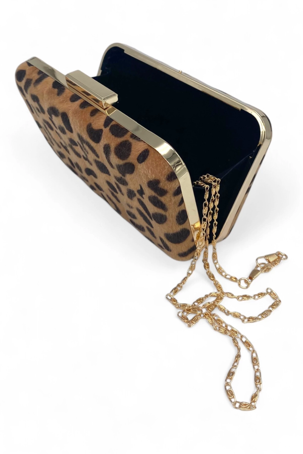 Leopar Desenli Gold Çerçeveli Kadın Clutch - Savage Luxe