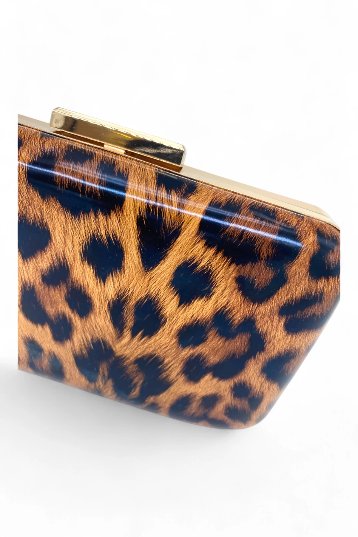 Leopar Desenli Gold Çerçeveli Zincirli Parlak Kadın Clutch - Wild Glam