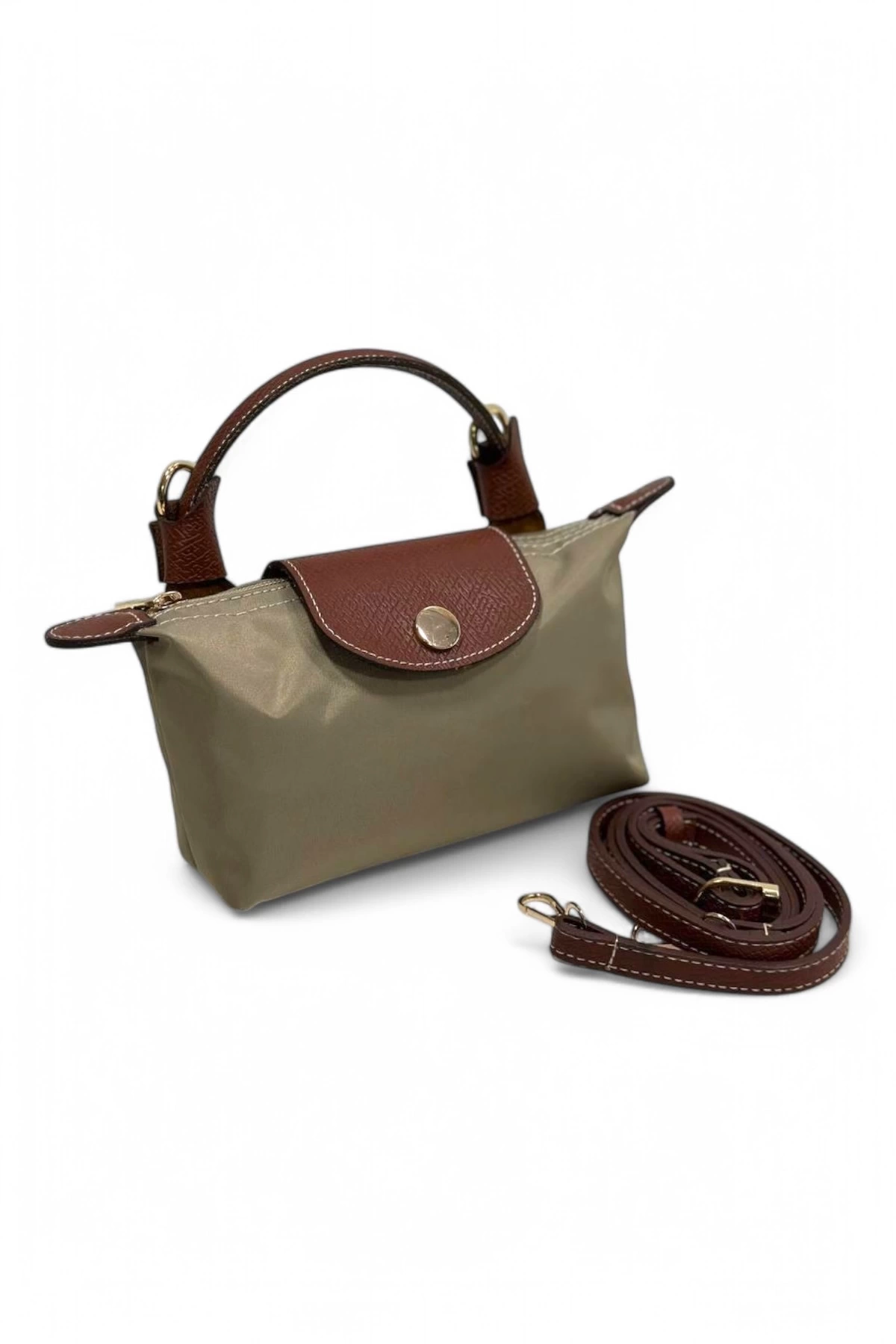 Mini Champ Womens Beige Bag with Brown Handle and Strap - Elegant Touch