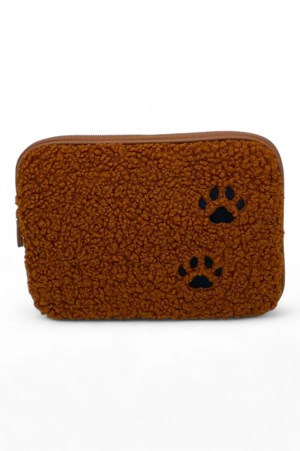 Kahverengi Kadın Pati Desenli Peluş Tablet Kılıfı & Clutch - Amber Paws