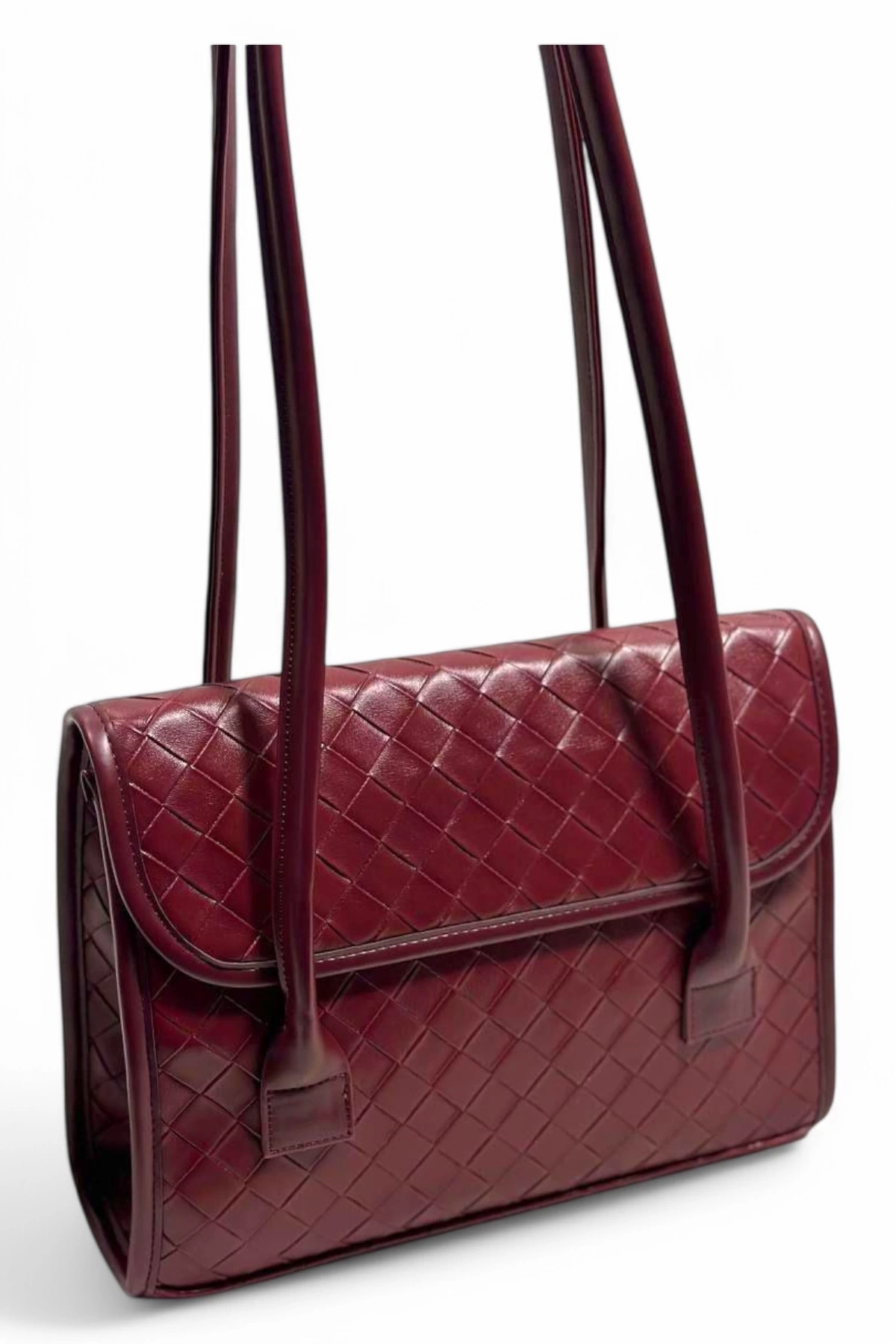 Woman Bordeaux Long Handled Textured Magnetic Bag - Bordeaux Luxe