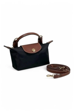 Mini Champ Womens Black Bag with Brown Handle and Shoulder Strap - Black Charm