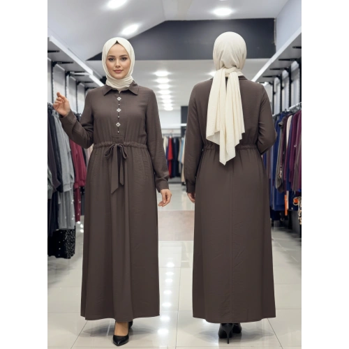 BELDEN KEMERLİ ELBİSE - Kahverengi