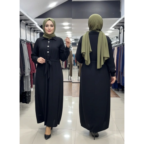 BELDEN KEMERLİ ELBİSE - Siyah