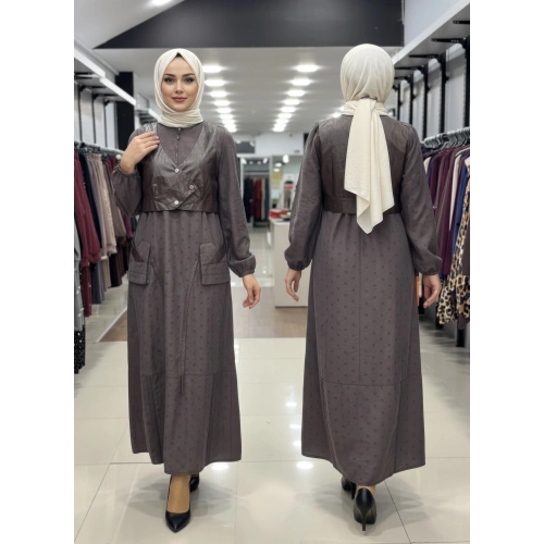 DERİ YELEKLİ CEP VE FERMUAR DETAYLI ELBİSE - Kahverengi