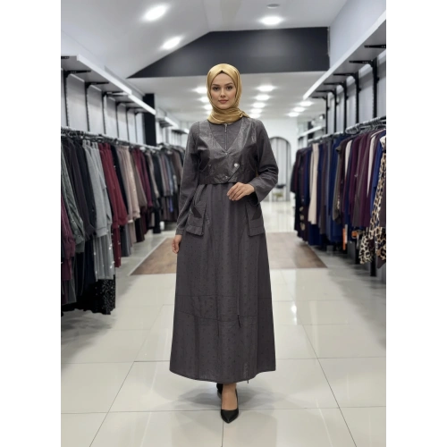 DERİ YELEKLİ CEP VE FERMUAR DETAYLI ELBİSE - Siyah