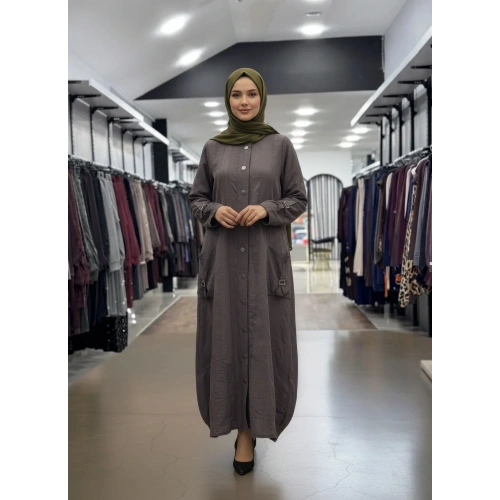 DÜĞME VE CEP DATAYLI ELBİSE - Kahverengi