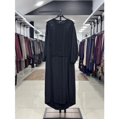 ETEĞİ DÜĞME DETAYLI ELBİSE - Siyah