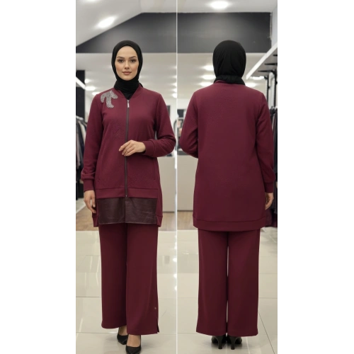 KABARTMALI KUMAŞ VE BONCUK İŞLEME DETAYLI PANTOLONLU İKİLİ T - Bordo