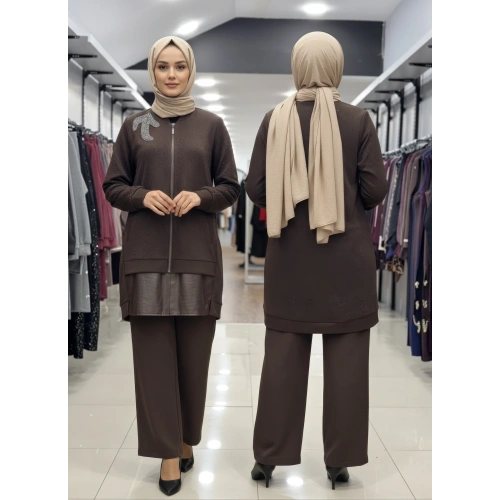 KABARTMALI KUMAŞ VE BONCUK İŞLEME DETAYLI PANTOLONLU İKİLİ T - Kahverengi