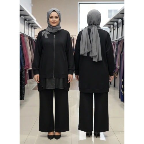 KABARTMALI KUMAŞ VE BONCUK İŞLEME DETAYLI PANTOLONLU İKİLİ T - Siyah