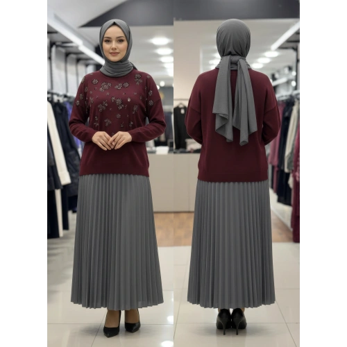 KAR TANESİ İŞLEMELİ DÜŞÜK KOL TRİKO KAZAK - Bordo