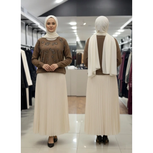 KAR TANESİ İŞLEMELİ DÜŞÜK KOL TRİKO KAZAK - Kahverengi