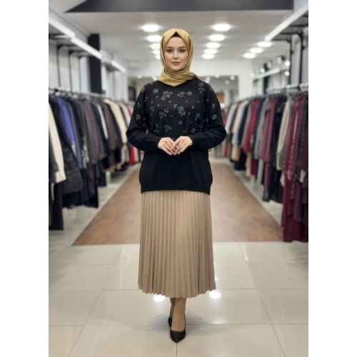 KAR TANESİ İŞLEMELİ DÜŞÜK KOL TRİKO KAZAK - Siyah