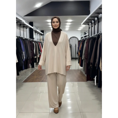 MODERN KESİM DERİN V YAKA BLUZ - Krem