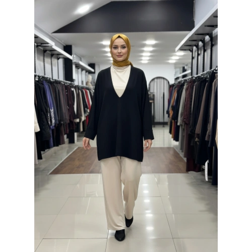 MODERN KESİM DERİN V YAKA BLUZ - Siyah