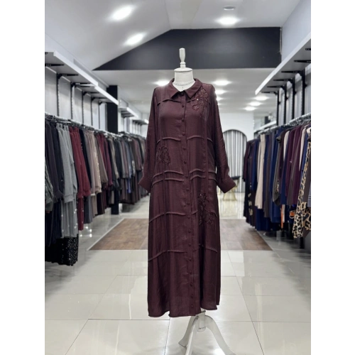 ÖNÜ BONCUK ÇİÇEK DESEN İŞLEMELİ ELBİSE - Bordo