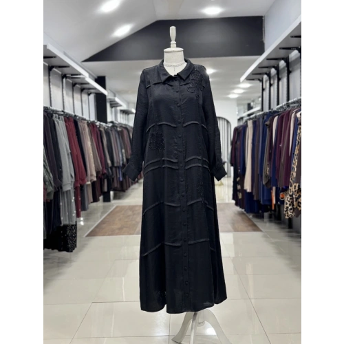 ÖNÜ BONCUK ÇİÇEK DESEN İŞLEMELİ ELBİSE - Siyah