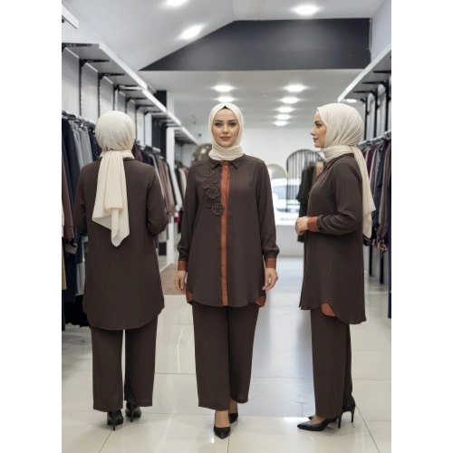 ÖNÜ İÇTEN ÇITÇIT DETAYLI PANTOLONLU RAHAT İKİLİ TAKIM - Kahverengi