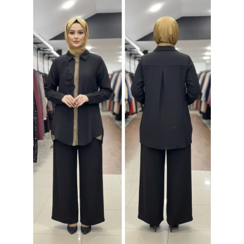 ÖNÜ İÇTEN ÇITÇIT DETAYLI PANTOLONLU RAHAT İKİLİ TAKIM - Siyah