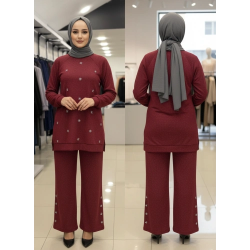 ÖNÜ KAR TANESİ DESENLİ SİMLİ TRİKO PANTOLONLU TAKIM - Bordo