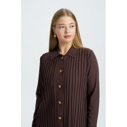 ÖNÜ KOMPLE BEKLETMELİ HIRKA - Kahverengi