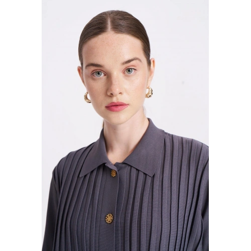 ÖNÜ KOMPLE BEKLETMELİ HIRKA - Koyu Gri