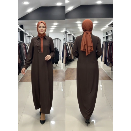 ÜST VE YAKA DETAYI FARKLI ELBİSE - Kahverengi