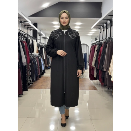 YAKALARI PUL PAYET İŞLEMELİ KEMERLİ FERMUARLI KAP - Siyah