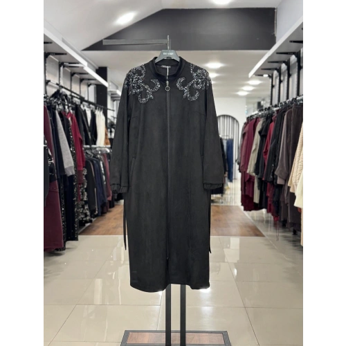 YAKALARI PUL PAYET İŞLEMELİ KEMERLİ FERMUARLI KAP - Siyah