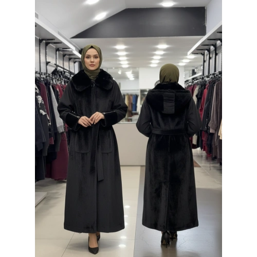 YAKASI KÜRK DETAYLI KABAN - Siyah