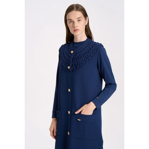 YAKASI SAÇ ÖRGÜLÜ YELEK - Lacivert